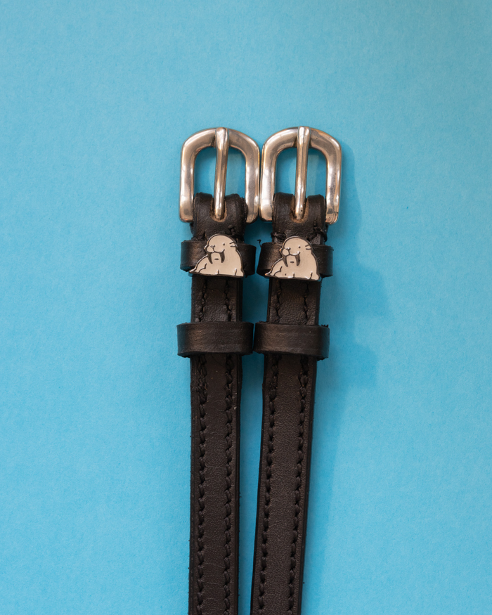Black leather walrus spur straps with silver buckles on a light blue background