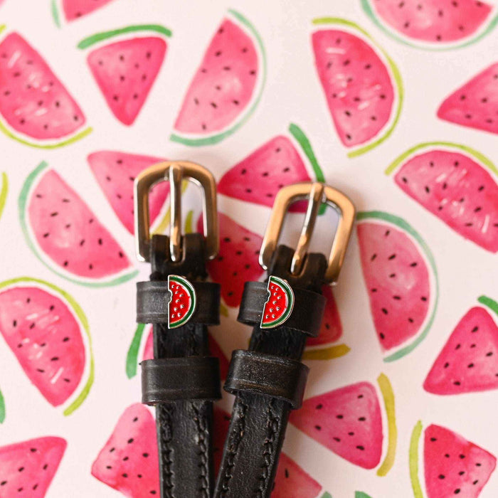Pair of black leather watermelon spur straps flat-laid on a painted watermelon-print background