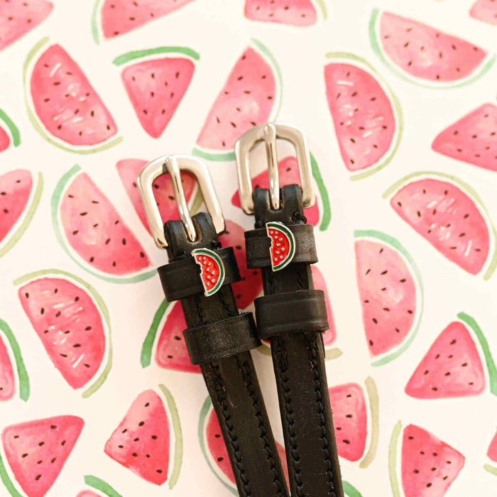 Dark leather ManeJane watermelon spur straps with silver buckles on a navy blue background