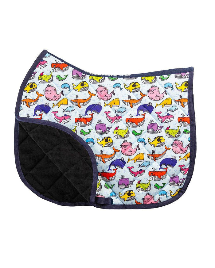 Whale Whale Whale all-purpose saddle pad featuring whale ocean print, alternate angle, by Dreamers & Schemers