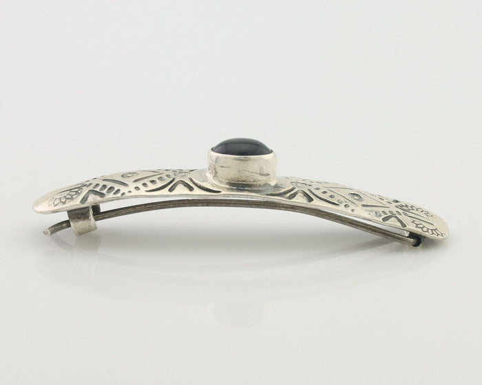 Women Navajo Barrette 925 Silver Hand Stamped Onyx Signed Native Artist C.80's