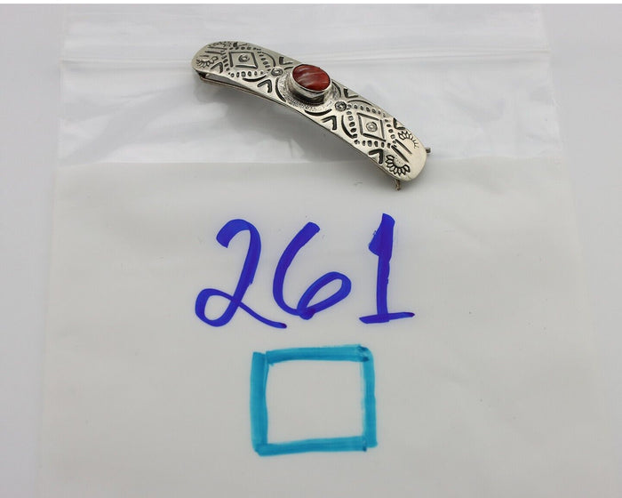 Women Navajo Hair Clip Barrette 925 Silver White Red Spiney Oyster Native Artist