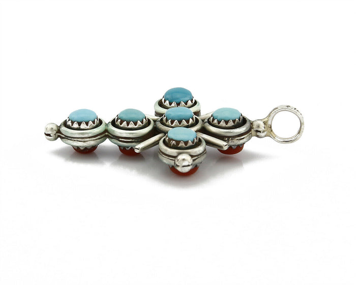 Zuni Natural Turquoise and Coral Reversible 925 Silver Handmade Pendant
